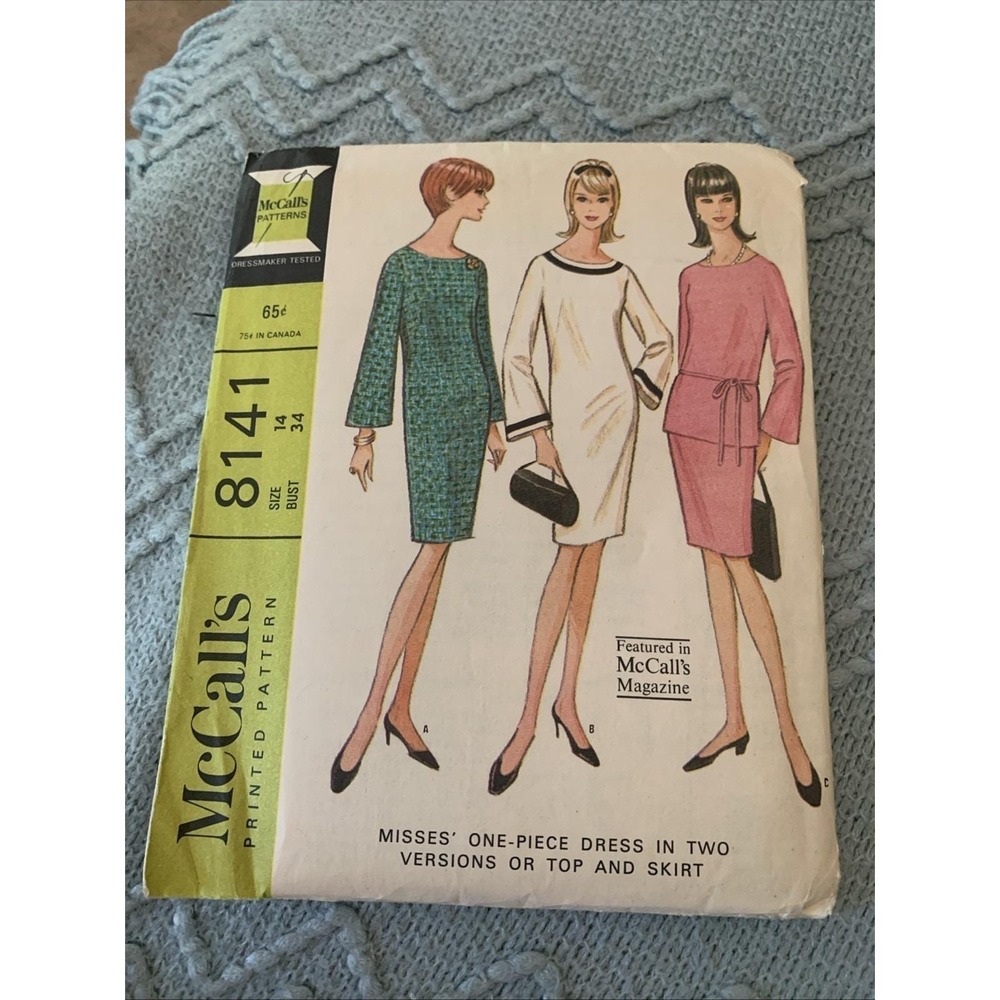 1960s McCall's 8141 Pattern Mod One Piece Straight Dress Top Skirt Size 14 Uncut
